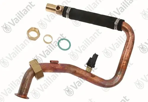 Kupferne Rohrleitung mit baulichen Elementen von Vaillant, inklusive Dichtungen und Gewinden, zur Verwendung in Heizungs- oder Warmwassersystemen.